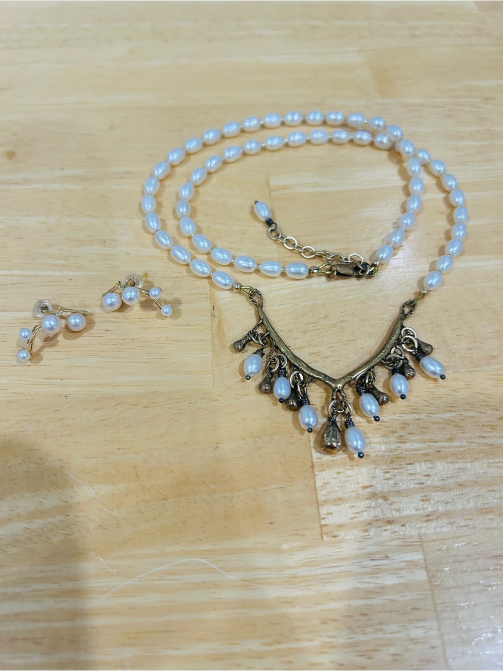 Gold-Tone Pearl Drop Necklace with Matching Ear Climbers - White Pearlescent